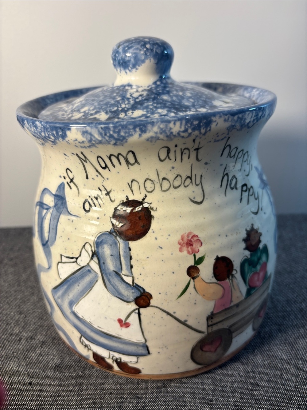 Blue & Cream Hand-Painted Ceramic Kitchen Canister with Lid